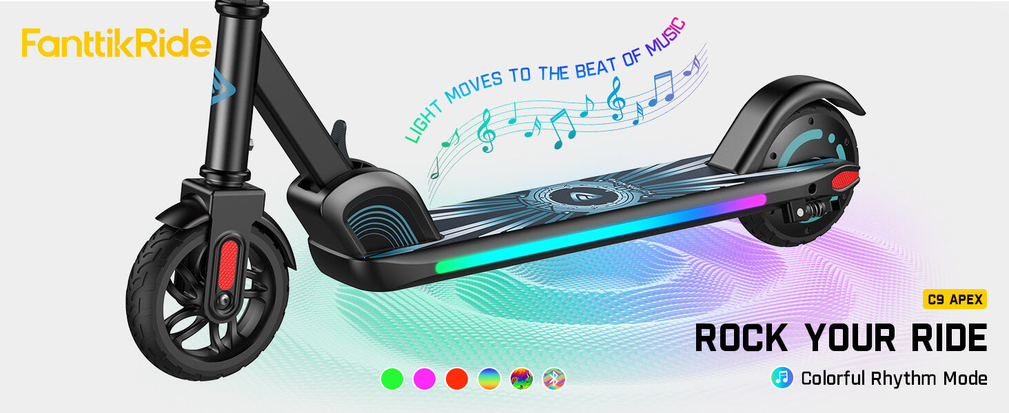 FanttikRide C9 Apex Electric Scooter for Kids Ages 8-12, Bluetooth Music Speaker, Colorful Rainbow Lights, 5/8/10MPH, 5 Miles Range, Adjustable Height, Foldable, Gift for Teens up to 132 lbs, Pink