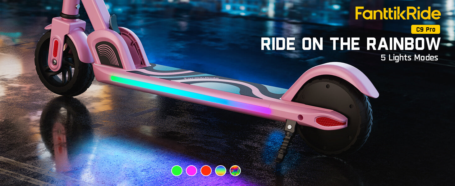 FanttikRide C9 Pro Electric Scooter for Kids Ages 8-12, Colorful Rainbow Lights, 5/8/10MPH, 5 Miles Range, LED Display, Adjustable Height, Foldable, Gifts for Boys and Girls up to 132 lbs