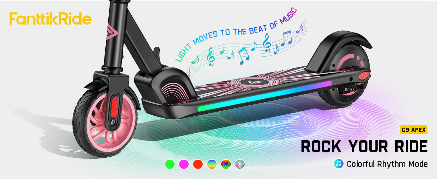 FanttikRide C9 Apex Electric Scooter for Kids Ages 8-12, Bluetooth Music Speaker, Colorful Rainbow Lights, 5/8/10MPH, 5 Miles Range, Adjustable Height, Foldable, Gift for Teens up to 132 lbs, Pink