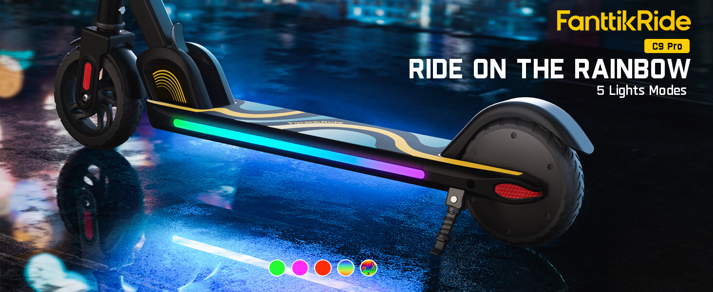 FanttikRide C9 Pro Electric Scooter for Kids Ages 8-12, Colorful Rainbow Lights, 5/8/10MPH, 5 Miles Range, LED Display, Adjustable Height, Foldable, Gifts for Boys and Girls up to 132 lbs