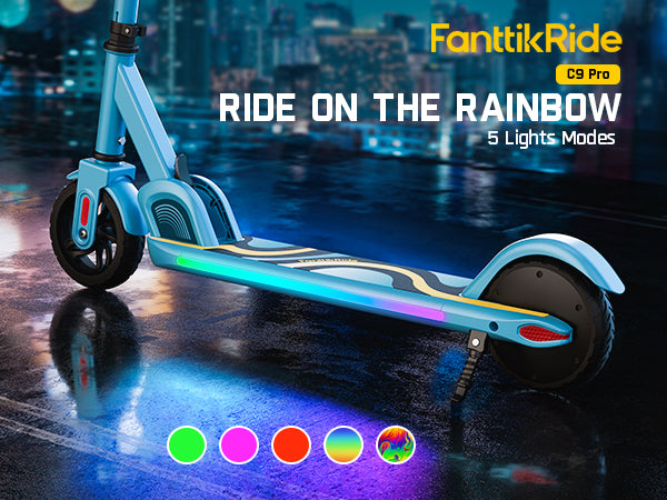 FanttikRide C9 Pro Electric Scooter for Kids Ages 8-12, Colorful Rainbow Lights, 5/8/10MPH, 5 Miles Range, LED Display, Adjustable Height, Foldable, Gifts for Boys and Girls up to 132 lbs
