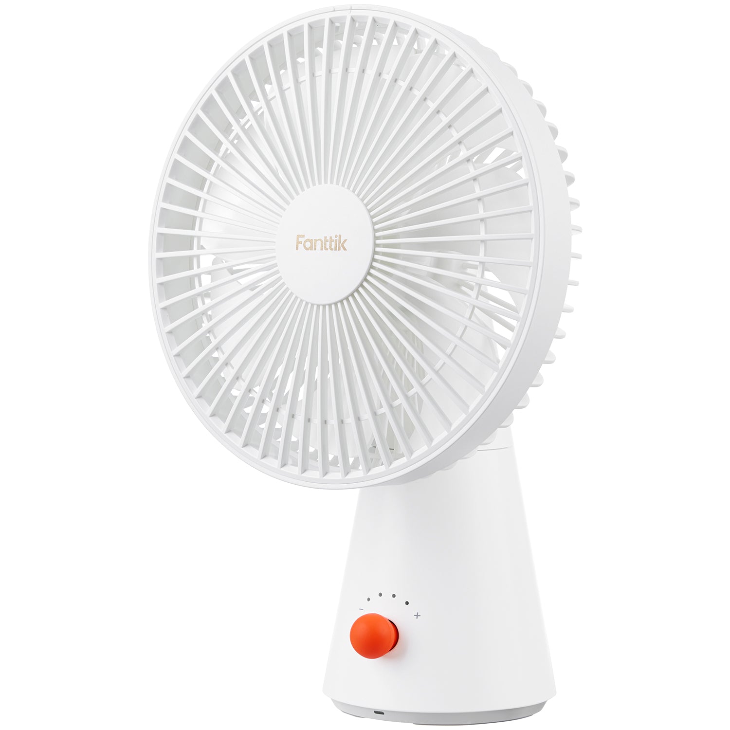 A white portable desk fan with a conical base and an orange power button, shown on a solid white background. The brand name 'Fanttik' is printed in orange on the central hub of the fan blades.
