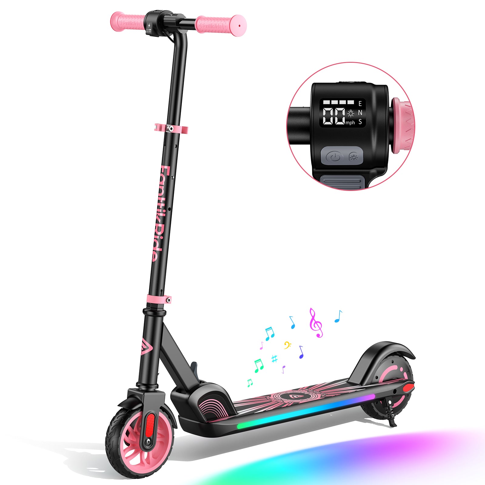 FanttikRide C9 Apex Electric Scooter for Kids Ages 8-12, Bluetooth Music Speaker, Colorful Rainbow Lights, 5/8/10MPH, 5 Miles Range, Adjustable Height, Foldable, Gift for Teens up to 132 lbs, Pink