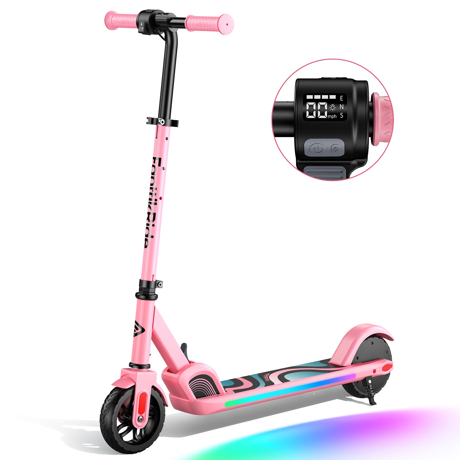 FanttikRide C9 Pro Electric Scooter for Kids Ages 8-12, Colorful Rainbow Lights, 5/8/10MPH, 5 Miles Range, LED Display, Adjustable Height, Foldable, Gifts for Boys and Girls up to 132 lbs