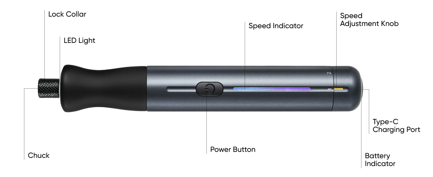 A labeled product diagram of a Fanttik Pix 3 Master Electric Detail Sander on a white background, with callouts for lock collar, LED light, speed indicator, speed adjustment knob, chuck, power button, and type-C charging port.