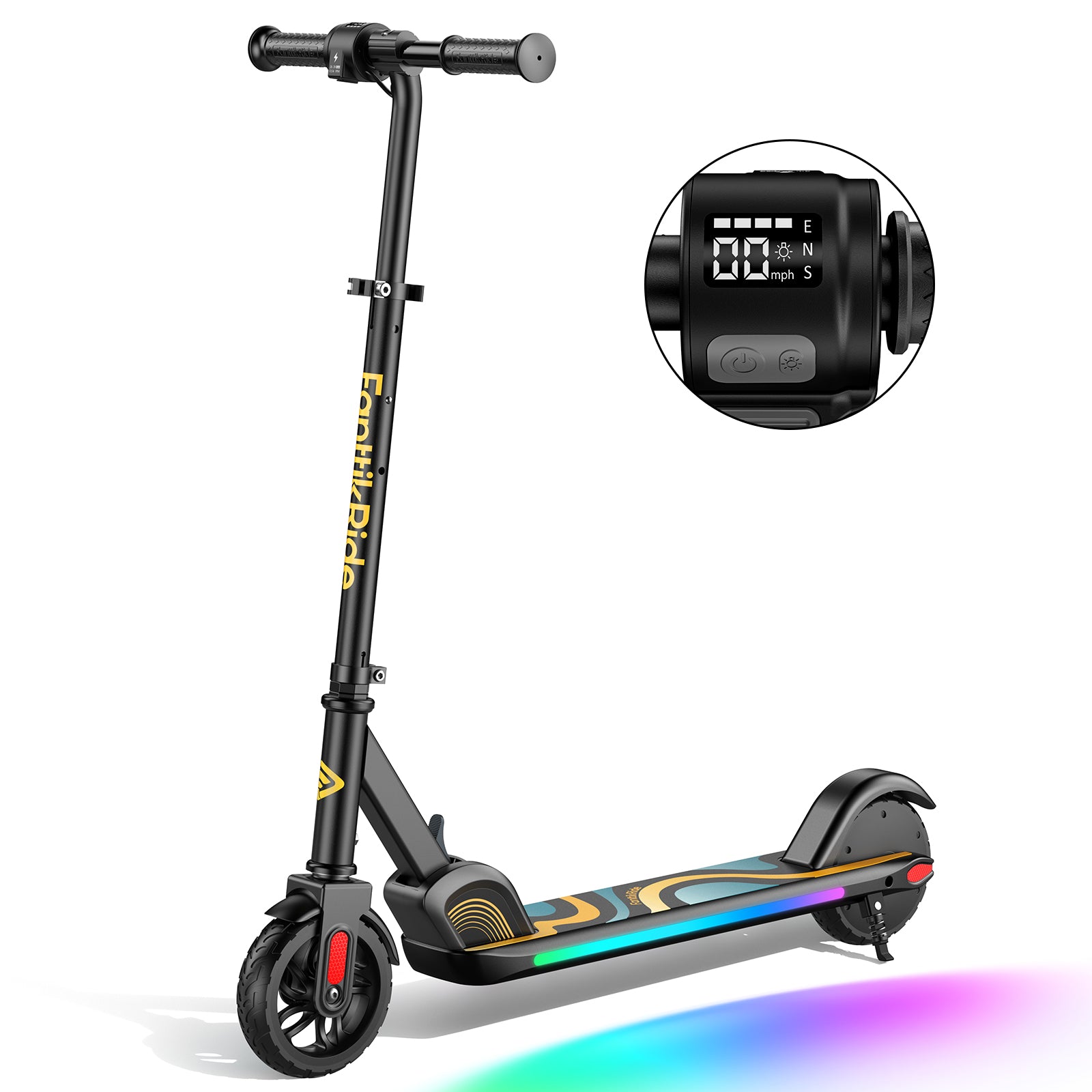 FanttikRide C9 Pro Electric Scooter for Kids Ages 8-12, Colorful Rainbow Lights, 5/8/10MPH, 5 Miles Range, LED Display, Adjustable Height, Foldable, Gifts for Boys and Girls up to 132 lbs