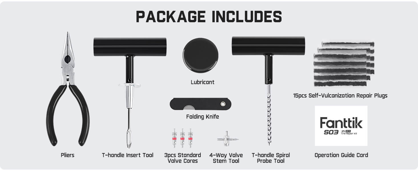 Fanttik Tire Repair Kit-24pcs Heavy Duty Tire Plug Kit, Fix Punctures and Plug Flats Patch, Universal Tire Repair Tools for Autos, Cars, Motorcycles, Trucks, ARBs, ATVs, Tractors, RVs, SUVs, Trailers