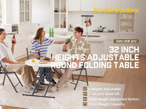 FanttikOutdoor 32" Round Folding Table 4 Heights Adjustable, One-Hand Quick Lift, Instalift, Plastic Portable Indoor Outdoor Table for Parties Commercial Events, 1 Pack, Granite White Zeta O3 Pro