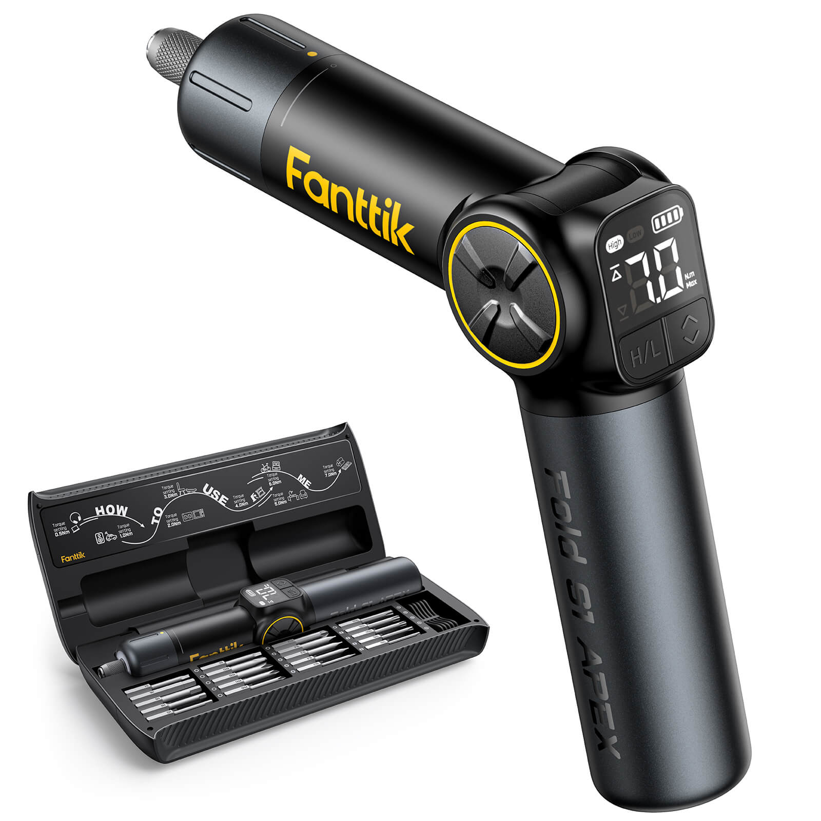 Fanttik Fold S1 APEX 3.7V Cordless Screwdriver, Electric Screwdriver, Screen Interaction, Pivot Handle, High/Low RPM Options, Max 7N.m, 20 Bits, 1/4''Hex, Ideas DIY Tool - Deluxe Edition