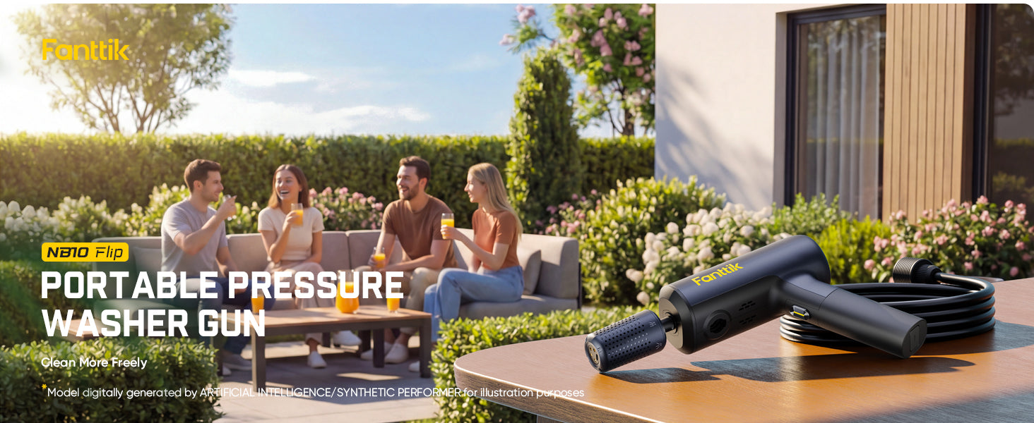 Portable pressure washer gun with hose on a table outdoors, people sitting on a couch in the background.