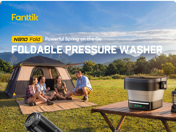 Fanttik NB10 Fold Cordless Electric Pressure Washer, Foldable Sprayer Washer w/3.2gal Tank, HD LED Display, 5-in-1 Nozzle, Max 220PSI, with Camping Light, Type-C Charging, for Patio, Camping