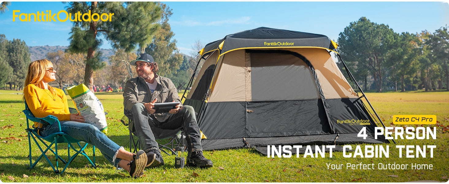 FanttikOutdoor Zeta C4 Pro Instant Cabin Tent 4 Person Camping Tent Setup in 60 Seconds with Rainfly & Windproof Tent with Carry Bag for Family Camping & Hiking, Upgraded Ventilation