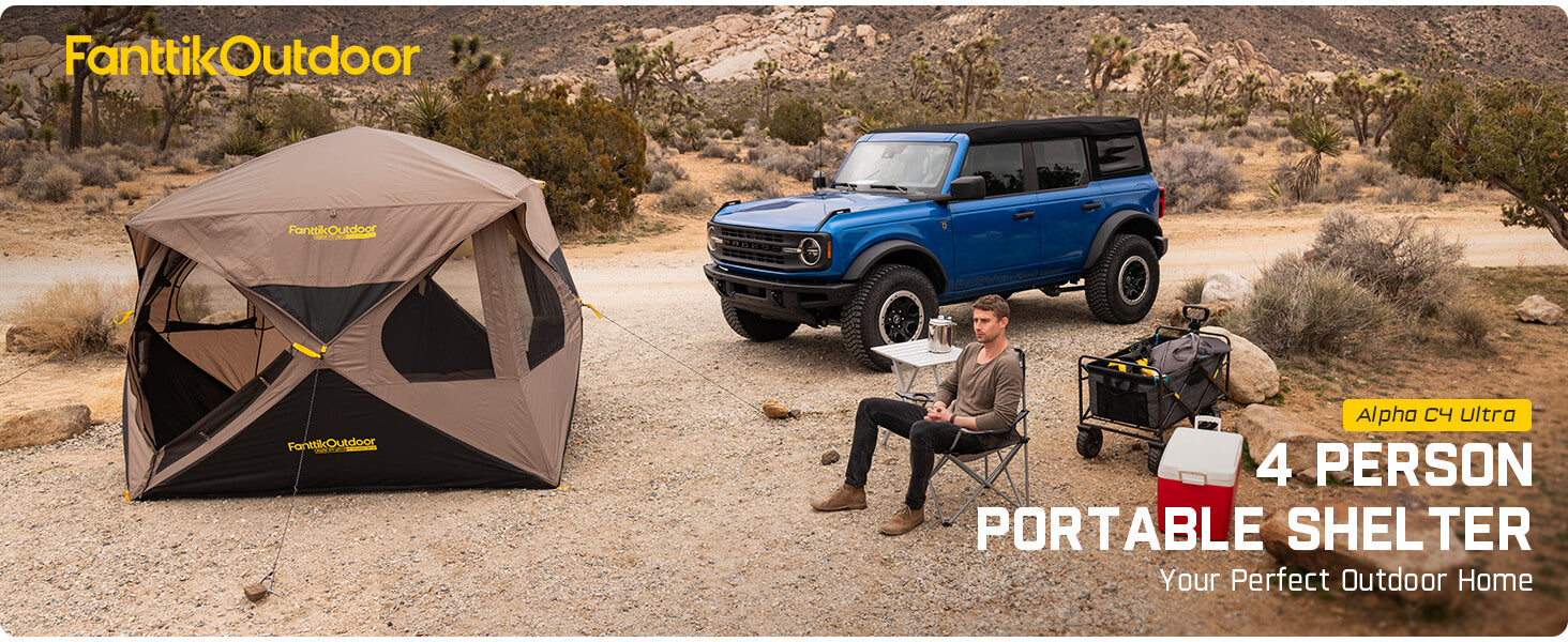 FanttikOutdoor Alpha C4 Ultra Instant Cabin Tent 4 Person Pop Up Camping Tent Setup in 60 Seconds Portable Hub Tent with Rainfly & Windproof for Outdoor Camping & Overlanding