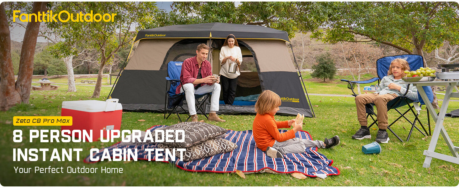 FanttikOutdoor Zeta C8 Pro Max Instant Cabin Tent 8 Person Camping Tent Setup in 60 Seconds with Rainfly & Windproof Tent with Carry Bag for Family Camping & Hiking, Upgraded Tent