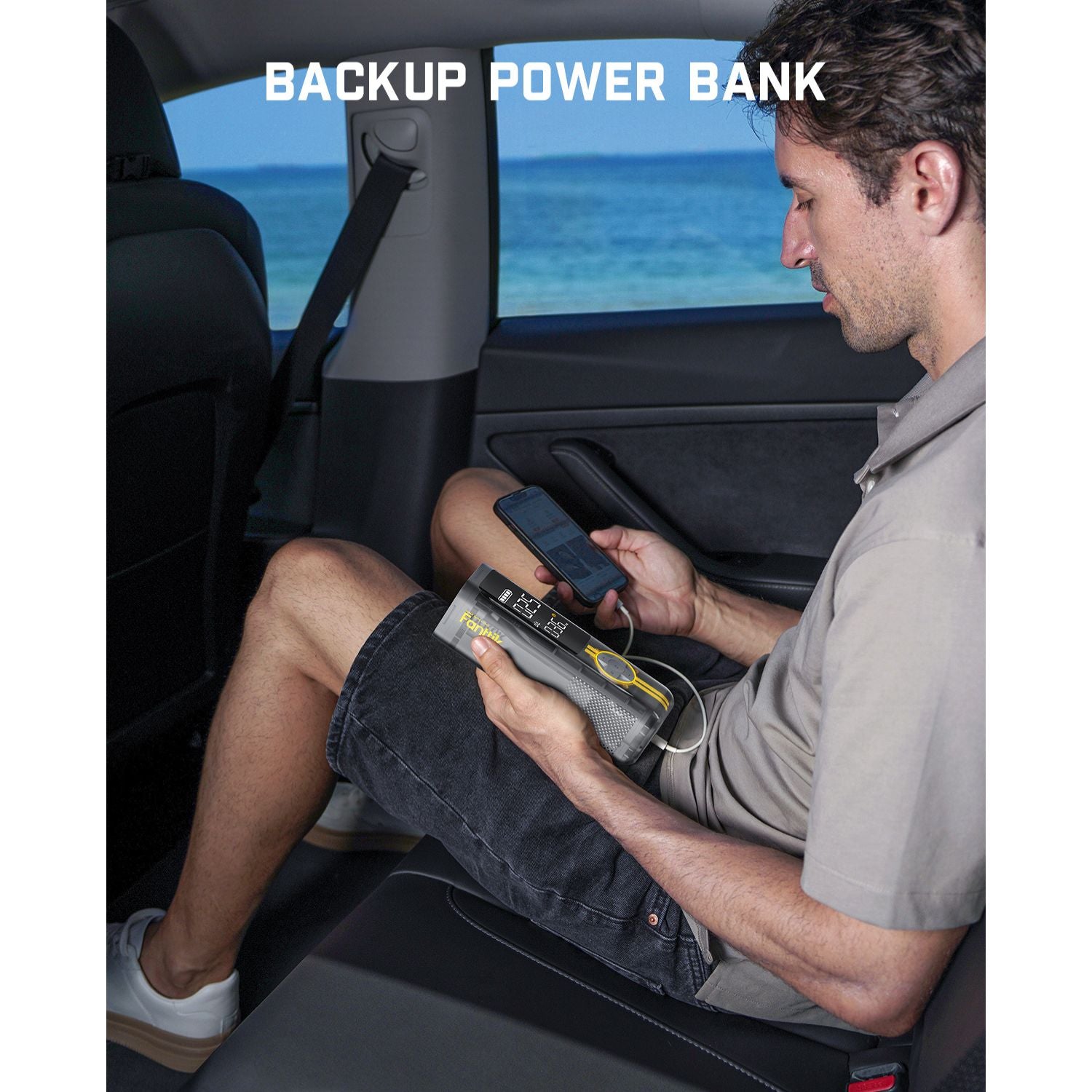 Fanttik X8 Apex Tire Inflator used as a power bank to charge phone