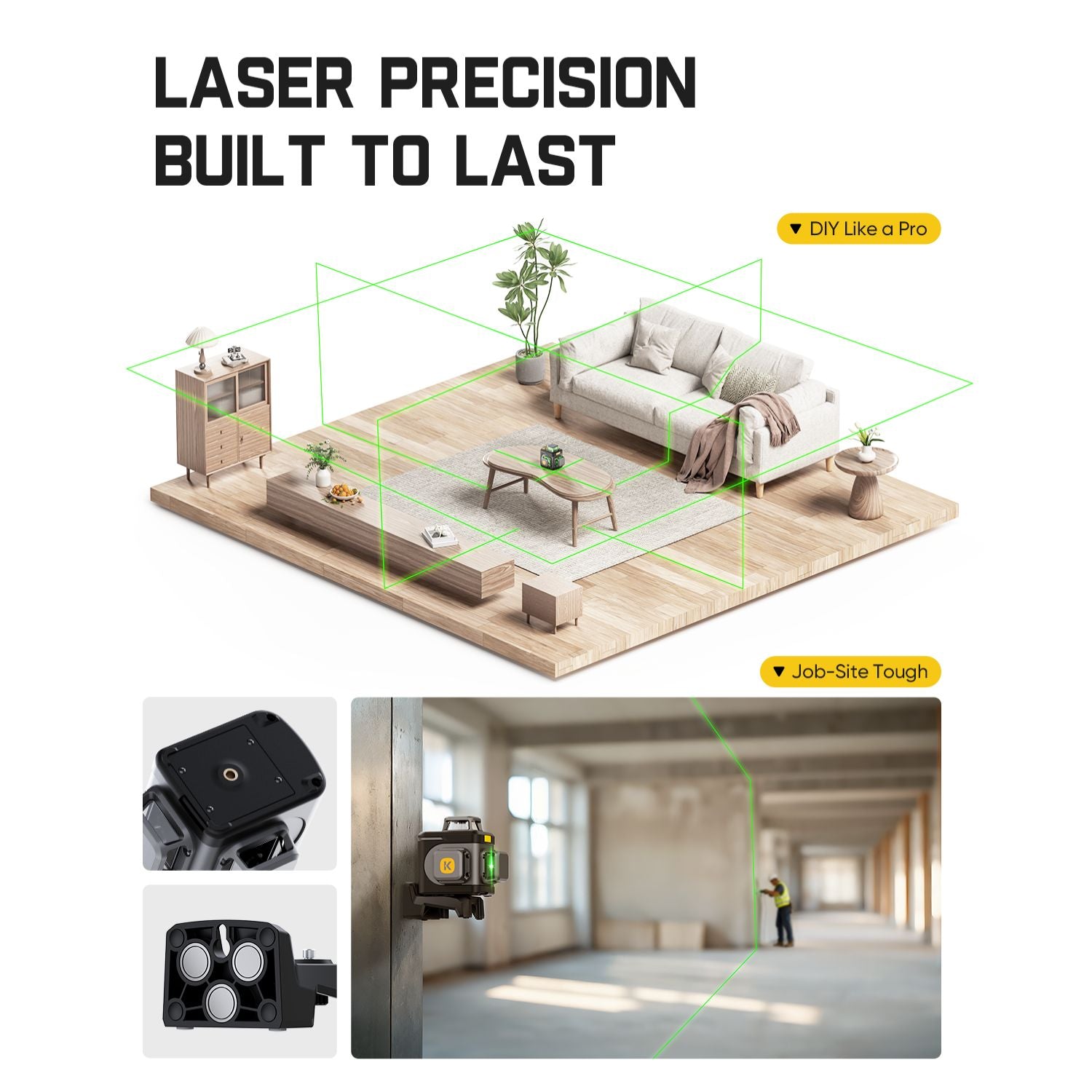 Fanttik D12 Ace Laser Level 360 Self Leveling, 3x360° Rechargeable 3D Green Cross Laser, Outdoor Pulse Mode, IP54 Durable, Easy to Use for Construction and Picture Hanging