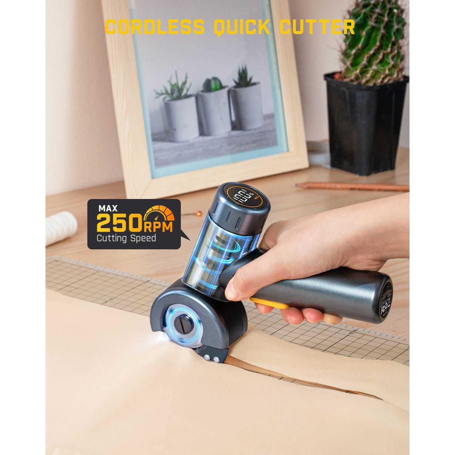 Fanttik C8 Nano cordless electric scissors cutting fabric at max 250 RPM, digital display shows 100% battery.