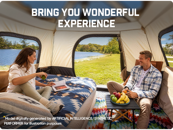 Two people inside a tent by a lake, with text 'Bring you wonderful experience'.