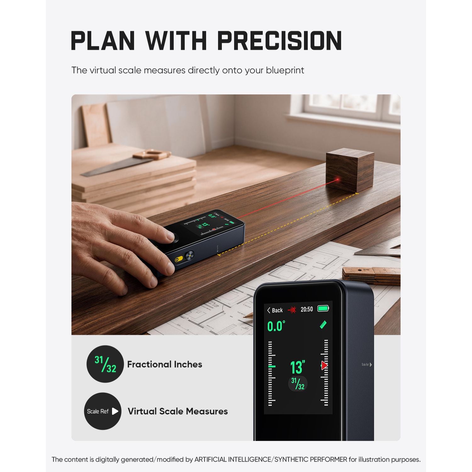 Fanttik A11 Pro laser measuring tool showing virtual scale on blueprint, 31/32 fractional inches