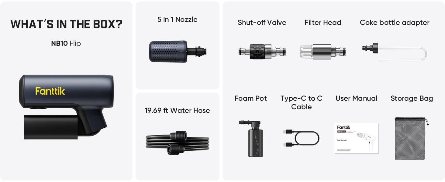 Fanttik NB10 Flip Portable Pressure Washer Gun, Foldable Cordless Pressure Washer Sprayer, Multi-Scenario Compatibility, 5-in-1 Nozzle, HD LED Display and Type-C Charging, for Patio, Camping, Bicycles