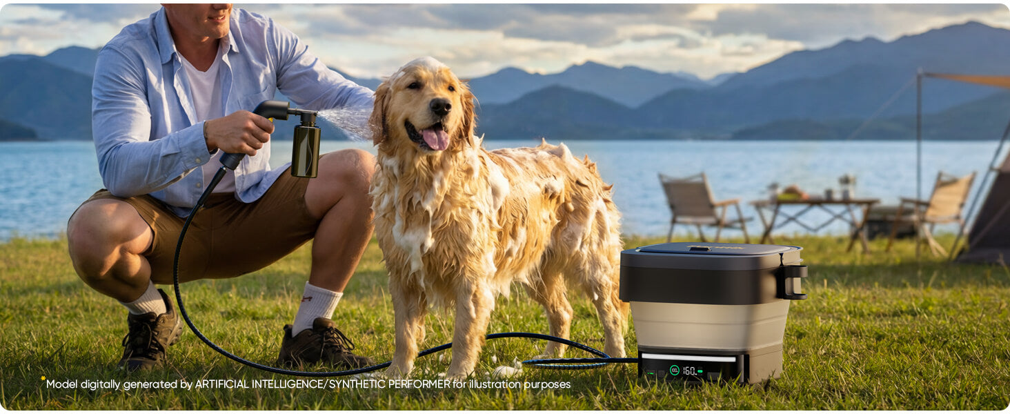 Man with a dog by a lake with a Fanttik NB10 Fold Cordless Electric Pressure Washer