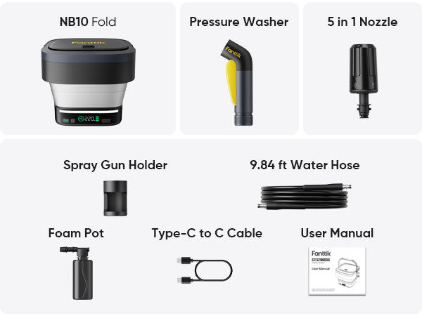 Fanttik NB10 Fold Cordless Electric Pressure Washer, Foldable Sprayer Washer w/3.2gal Tank, HD LED Display, 5-in-1 Nozzle, Max 220PSI, with Camping Light, Type-C Charging, for Patio, Camping