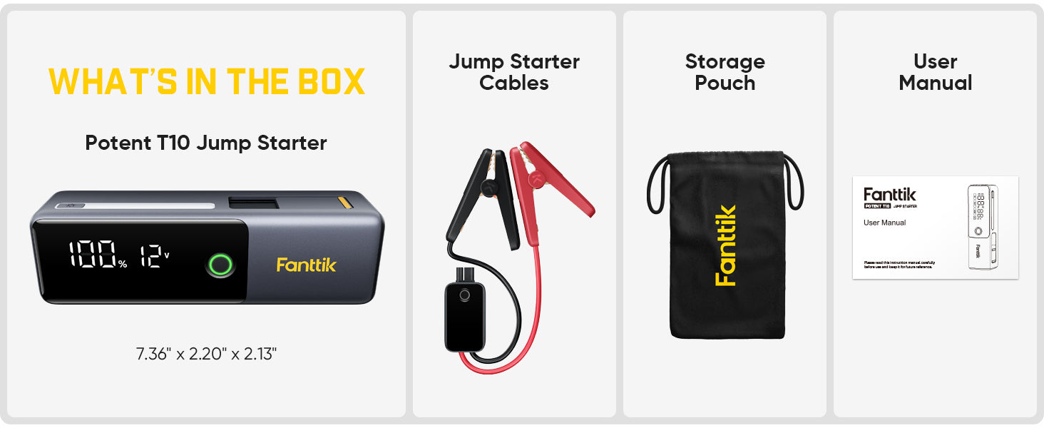 Fanttik Potent T10 1800A Portable Jump Starter, 12000mAh Jump Box for Car Battery for up to 7.0L Gas and 5.0L Diesel Engines, 12V Safe Lithium with Retractable Charging Cable, Power Bank & LED Display