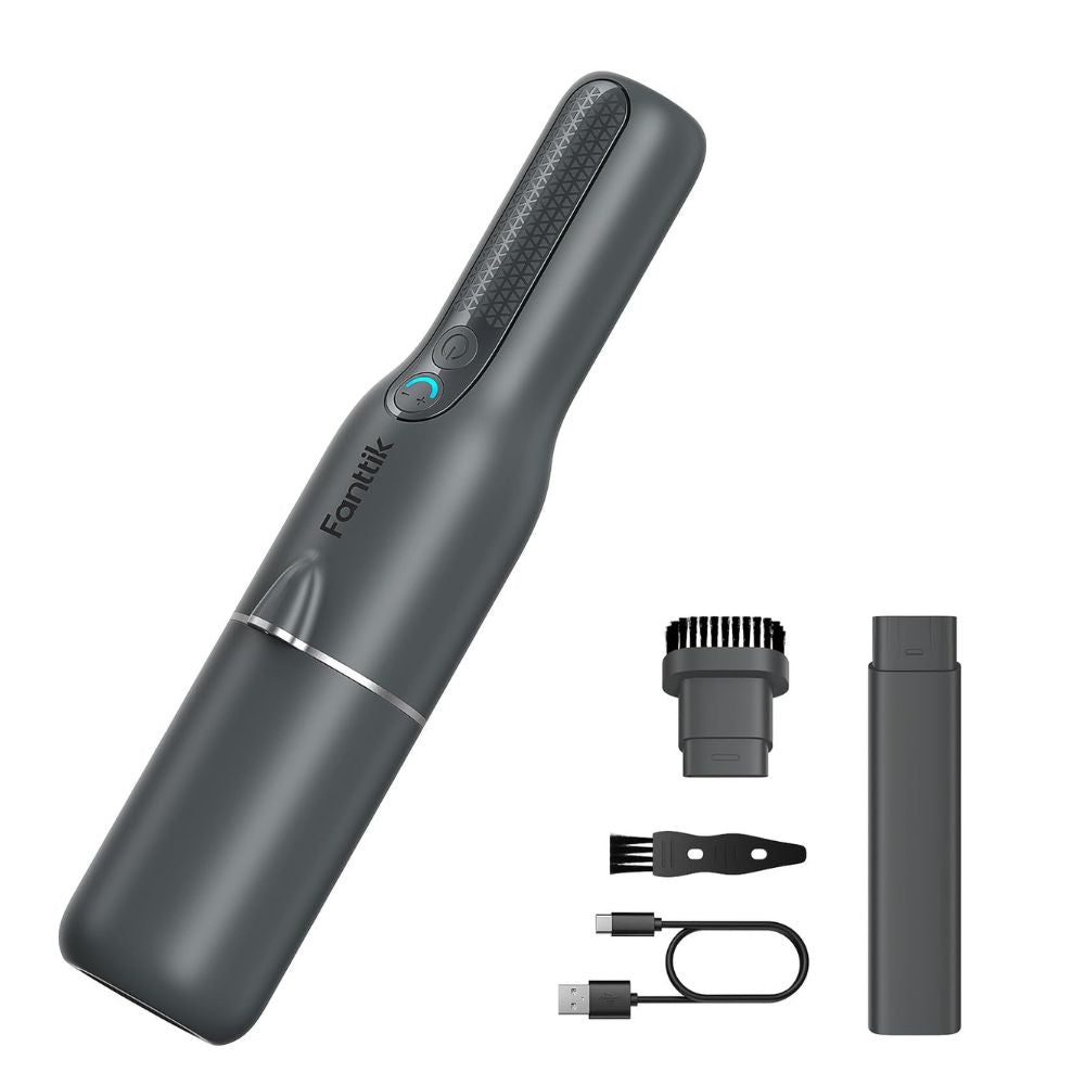 Fanttik RobustClean V7 Ace Cordless Handheld Vacuum in black with attachments including brush, crevice tool, cleaning brush, and USB-C charging cable.