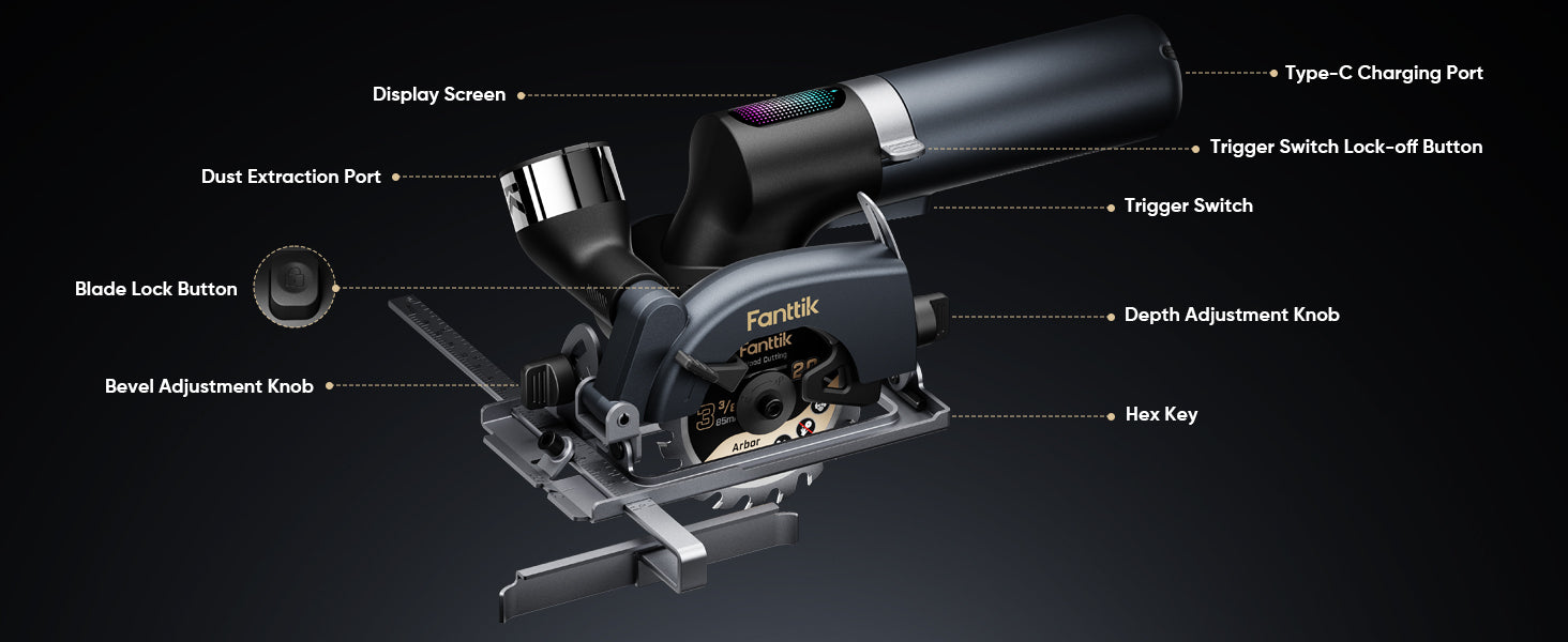 A labeled product diagram of a circular saw with callouts pointing to parts such as the display screen, dust extraction port, blade lock button, bevel adjustment knob, depth adjustment knob, trigger switch, and charging port, on a dark background.