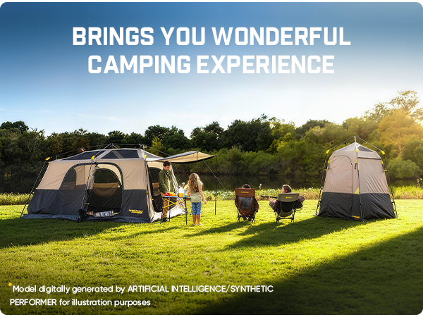 Camping scene with tents and people by a lake, text 'Brings you wonderful camping experience'.