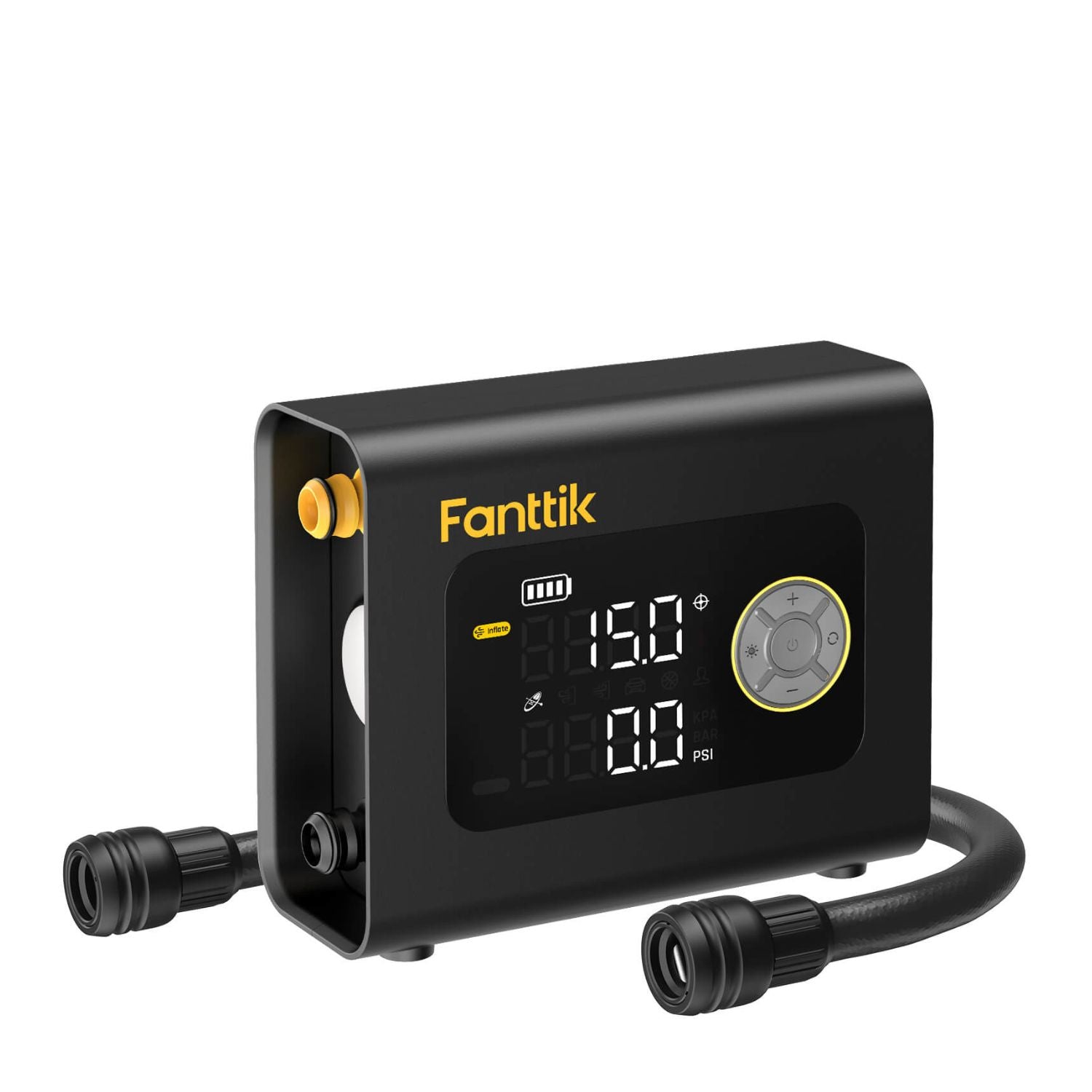 A X9 Cross™ Paddle Board Air Pump with yellow branding 'Fanttik' on the front, featuring a display screen and control dial, with two black hose connectors attached on both ends, shown on a solid white background.