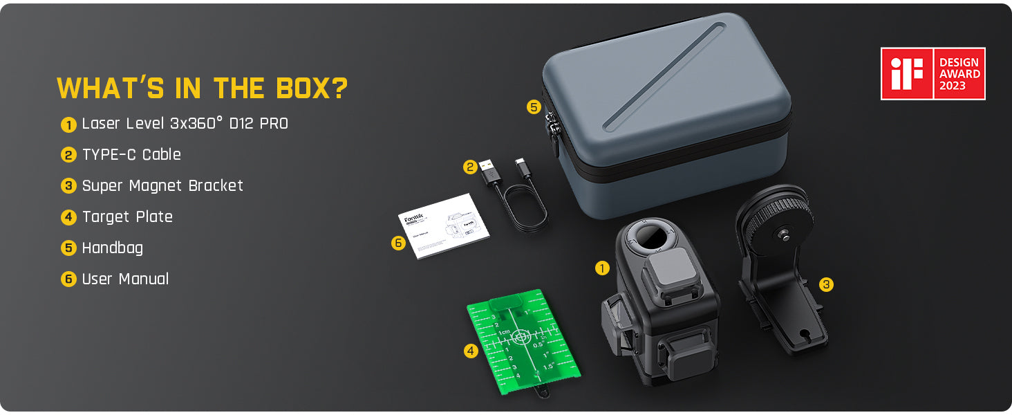 Fanttik D12 PRO Laser Level 3 x 360°, Self-Leveling Cross Line Laser with LED Screen, 3D Green Cross Line, 5200mAh Battery Rechargeable, Pulse Mode, Magnetic support
