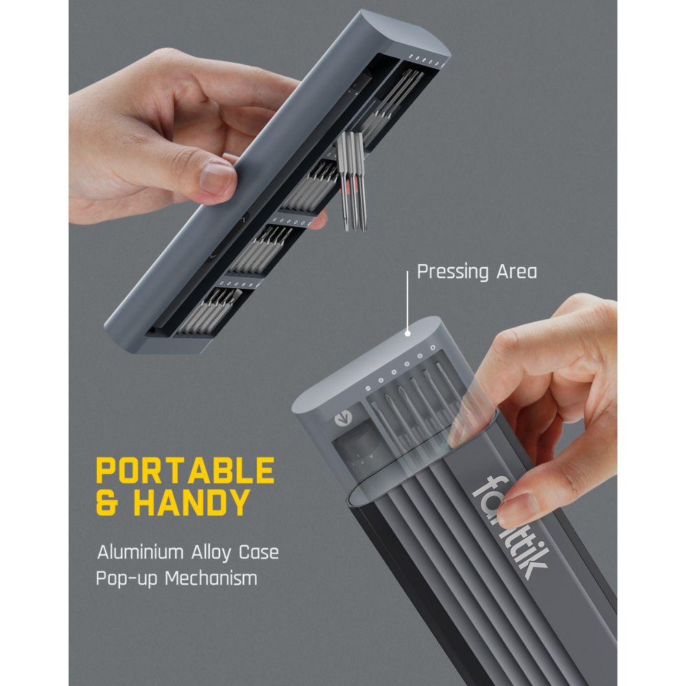 E1 PRO Mini Electric Screwdriver with magnetic bits design, if you open the shell upside down, the internal screw parts will not fall out. The whole body is magnetic, and there is a magnetization zone at the bottom, and the drill bit touches here for 5 seconds to complete the magnetization.