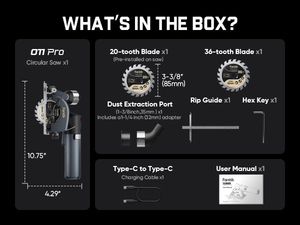 Box contents infographic for the O11 Pro Circular Saw x1, showing included items such as two circular saw blades, a dust extraction port adapter, rip guide, hex key, charging cable, and user manual on a black background.