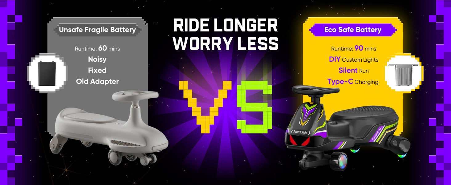 A promotional comparison graphic for two ride-on toy batteries. On the left, a gray slide-style ride-on labeled 'Unsafe Fragile Battery' with a white battery icon and text listing issues like noisy and old adapter.