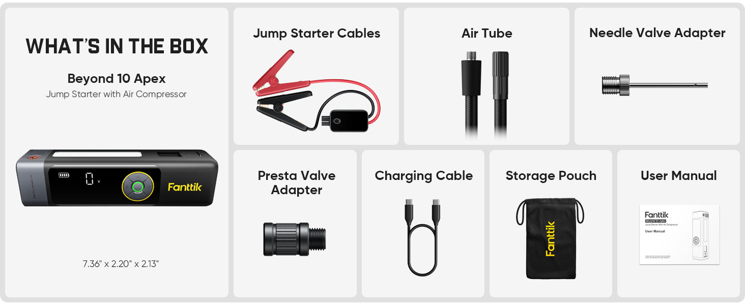 A product box contents overview for a Fanttik Beyond 10 Apex jump starter with air compressor, showing included items such as jump starter cables, air tube, needle valve adapter, presta valve adapter, charging cable, storage pouch, and user manual on a light gray background.