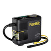 A black Fanttik X10 Apex portable air pump with yellow accents, a digital display on top, and attached hoses, shown on a solid white background.
