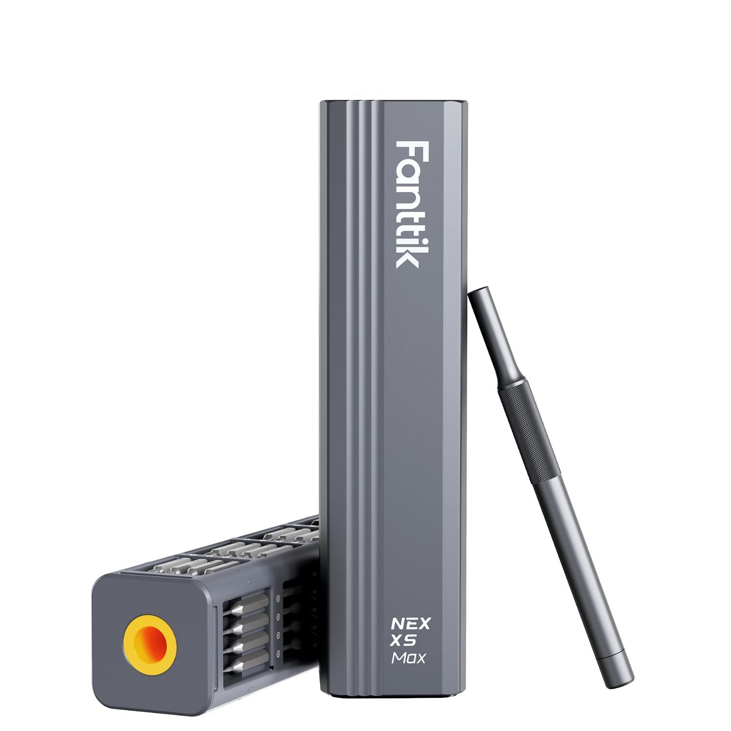 A gray Fanttik NEX X5 Max screwdriver set with a vertical charger unit, a horizontal charger base showing battery slots, and a matching gray pen-style tool on a white background.