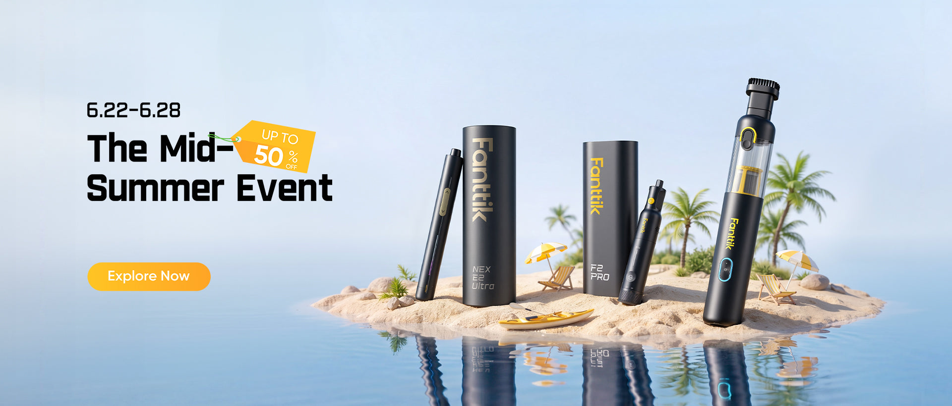 E-liquid bottles on a tropical island with promotional text for a summer event.