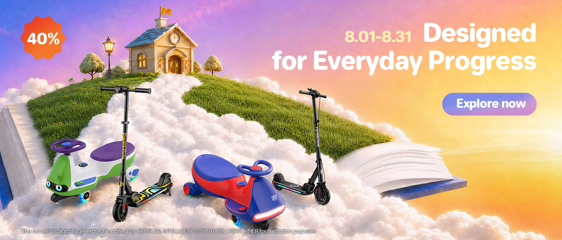 Promotional banner featuring three children's ride-on toys and two electric kick scooters with an 'Explore now' button. Click to jump to the product promotion page.