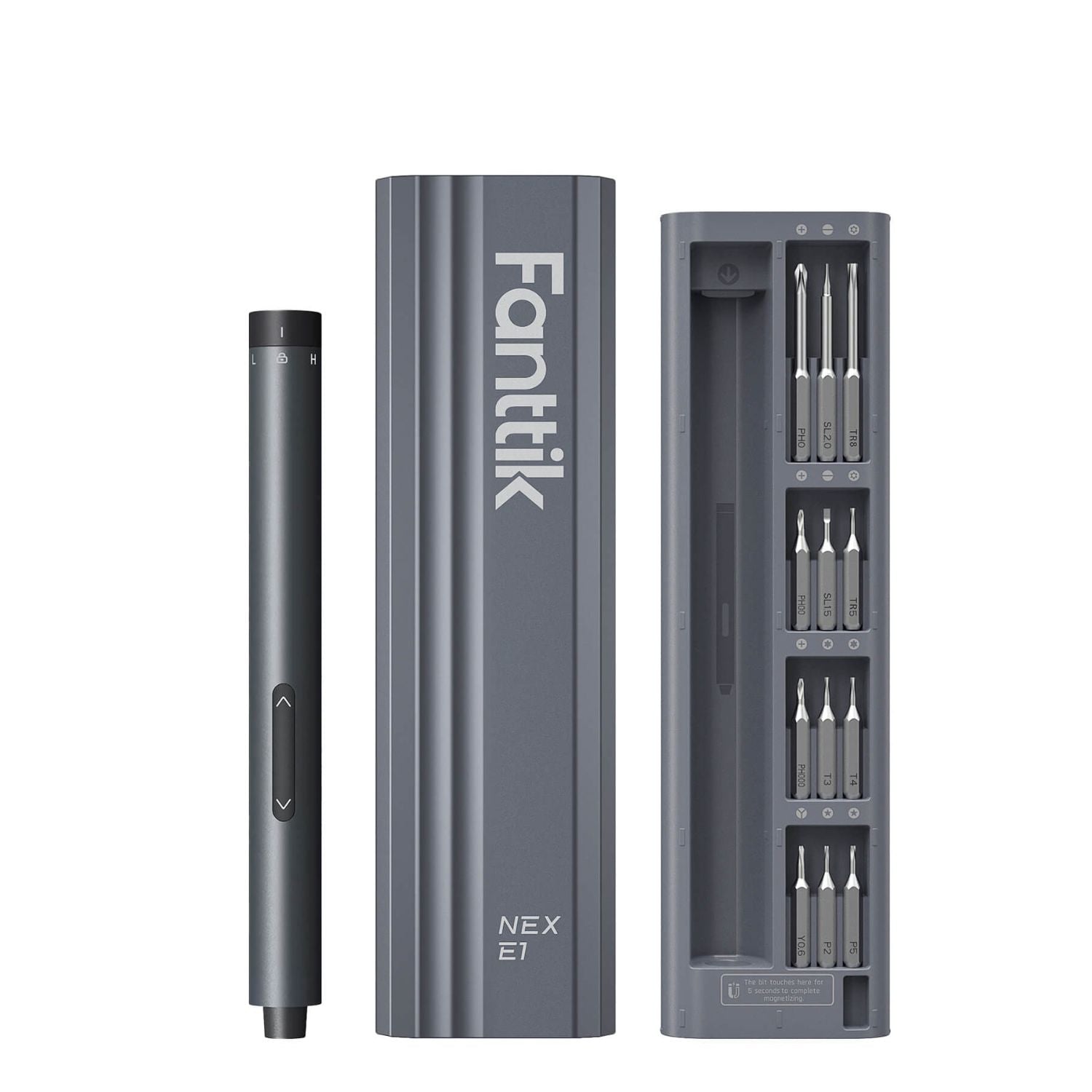 A Fanttik E1 Precision Electric Screwdriver shown with its gray storage case, open multi-battery charger containing several batteries, and the pen itself on a plain white background.