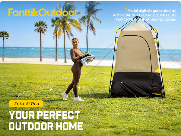 Woman standing next to a portable outdoor shower tent on a grassy area with palm trees and ocean in the background.
