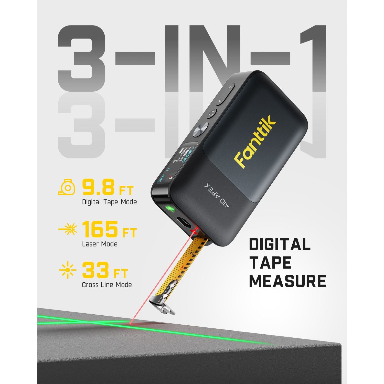 Fanttik A10 Apex 3-in-1 laser distance meter with digital tape, laser, and cross line modes.