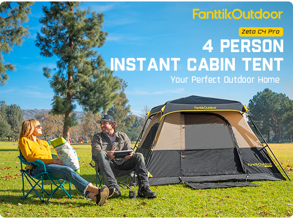 FanttikOutdoor Zeta C4 Pro Instant Cabin Tent 4 Person Camping Tent Setup in 60 Seconds with Rainfly & Windproof Tent with Carry Bag for Family Camping & Hiking, Upgraded Ventilation