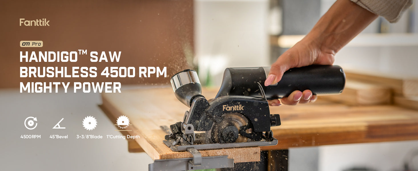 A Fanttik O11 Pro 3-3/8 Inch Cordless Circular Saw brushless 4500 RPM circular saw in use, being held by a person's hand over a piece of wood in a workshop setting.
