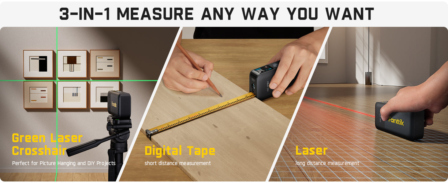 Fanttik A10 Apex 3-in-1 Digital Laser Tape Measure with HD Color Display, 165Ft Rechargeable Laser Measurement & 32Ft Green Cross Line Laser & 9.8Ft Tape, 6 Units, for Distance/Area/Volume/Leveling