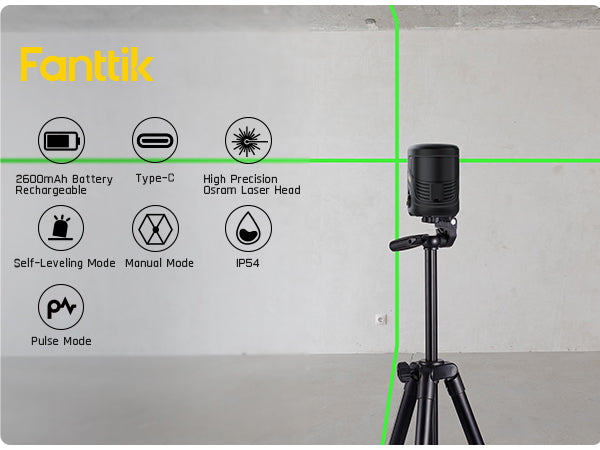 Fanttik D2 PLUS Cross Line Laser, Vertical Green Beam Spread Covers of 130°, DIY Self-leveling Mode, 2600mAh Built-in Rechargeable Battery, 100Ft Visibility, Pulse Mode, Class II (<1 mW max output)