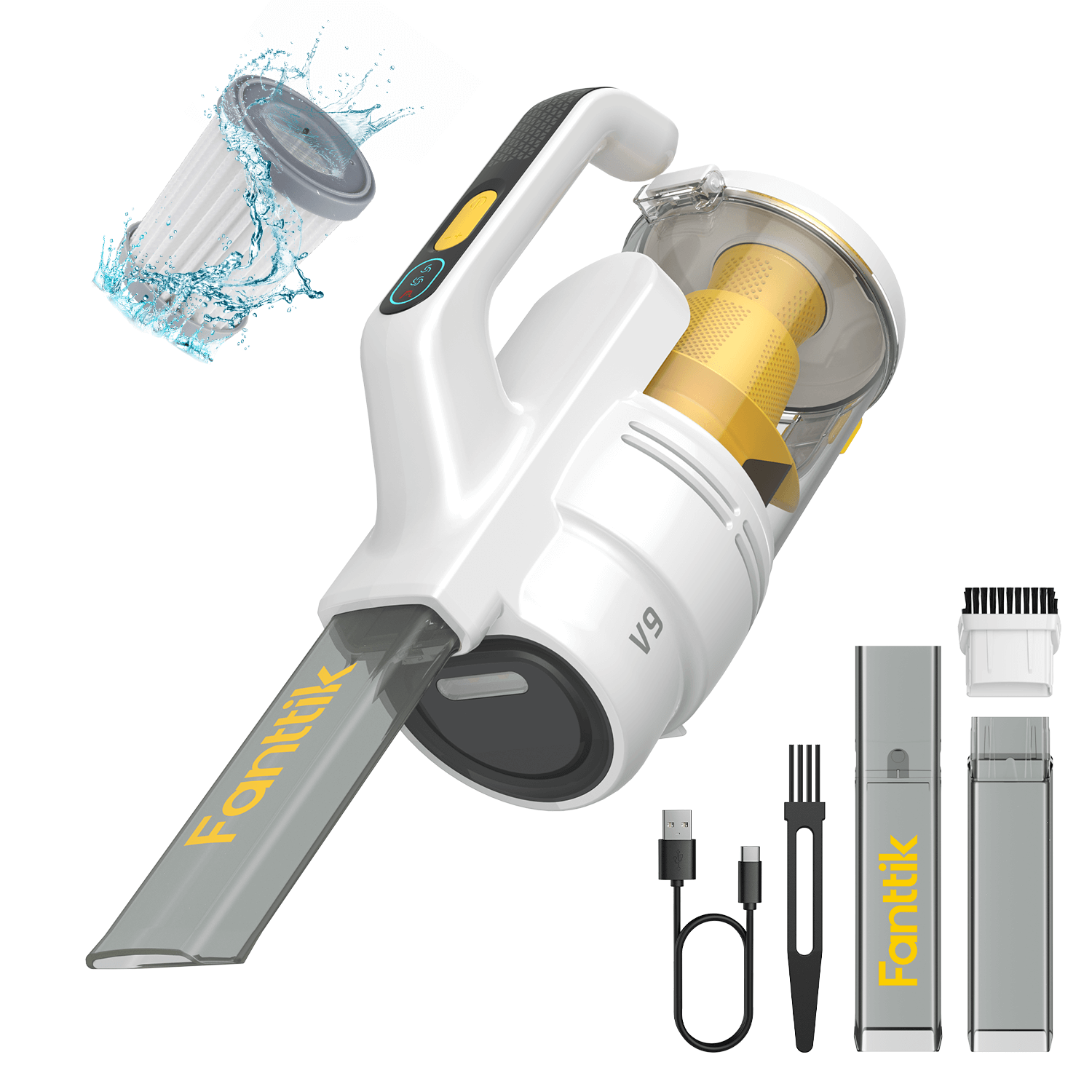 Fanttik RobustClean™ V9 Handheld Vacuum Cleaner, 45AW/15kPa Surging Suction, Car Vacuum with Extra-Long Crevice Tool & LED Display & Light, Portable Cordless Vacuum for Home Car Cleaning, White