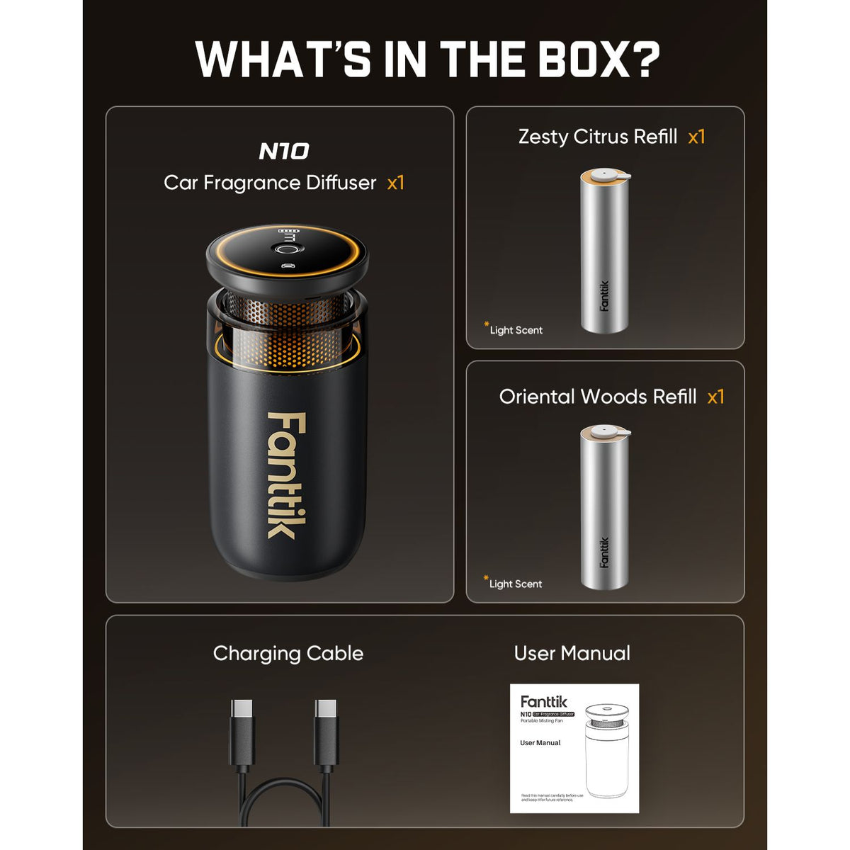 Box contents graphic for the Fanttik N10 Car Fragrance Diffuser, showing the black diffuser with gold accents, a Zesty Citrus refill, an Oriental Woods refill, a charging cable, and a user manual on a dark brown background.