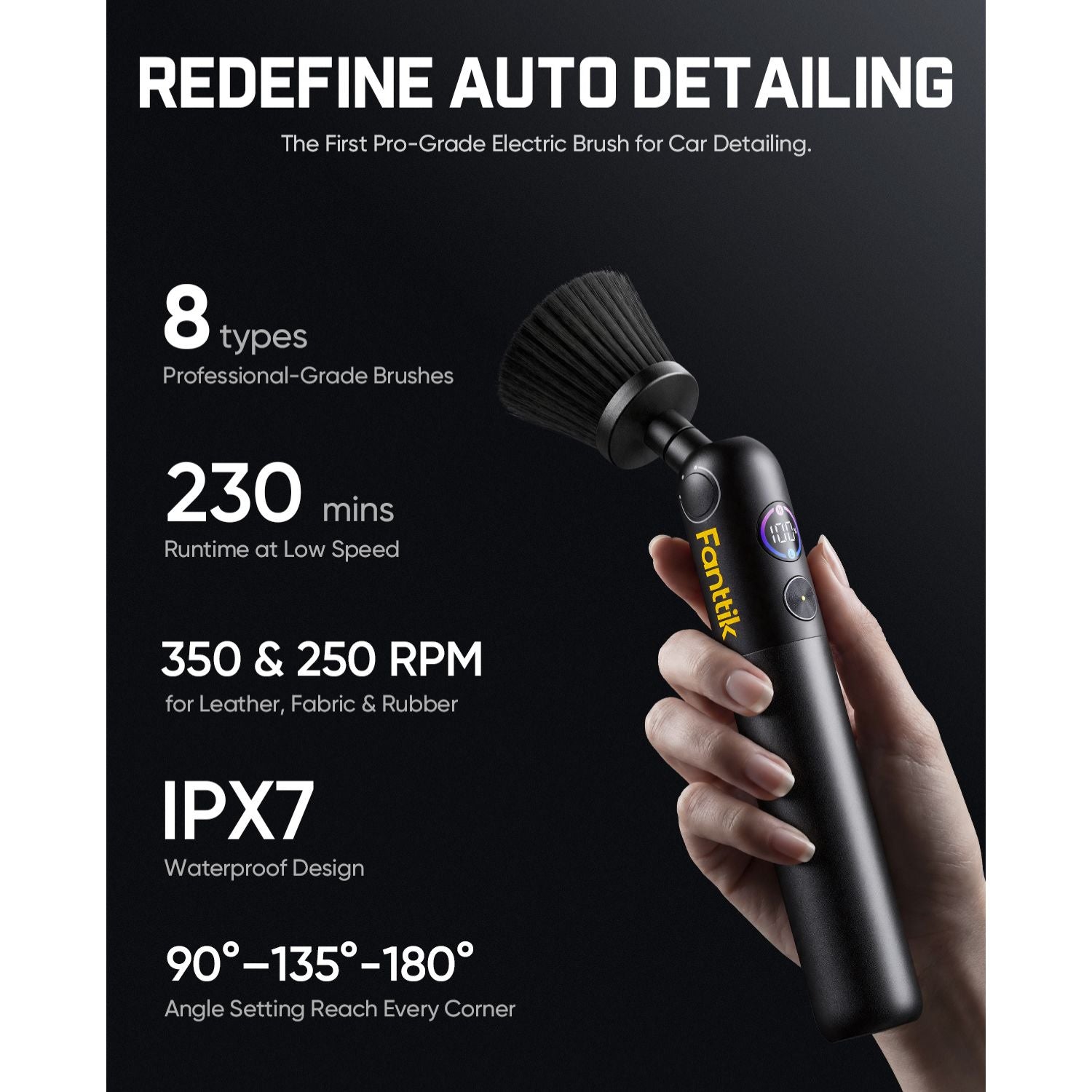 Fanttik Flip G10 Nano AutoCare Cordless Electric Scrubber, Dual-Speed with 8 Brush Heads, Adjustable Angle & Smart Display, IPX7 Waterproof for Deep Car Cleaning